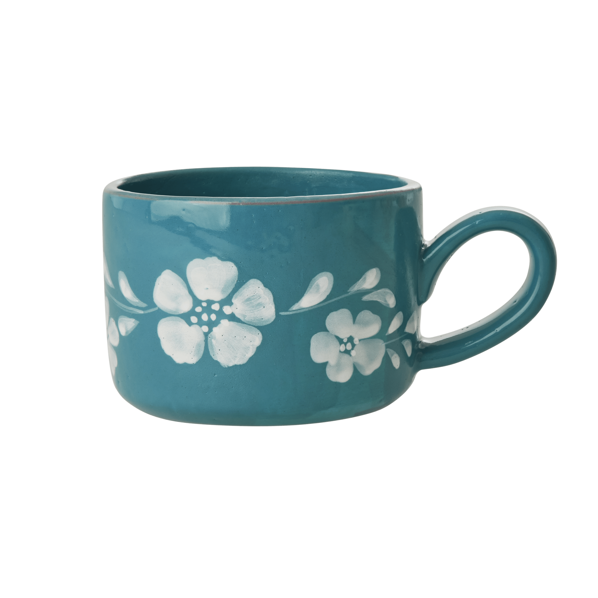 Ceramic Cappuccino Cup with Hand Painted White Flowers Vine - 6.7 oz - Che Cose Belle