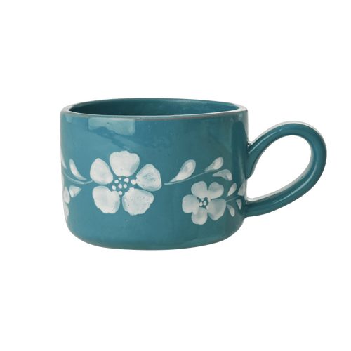 Ceramic Cappuccino Cup with Hand Painted White Flowers Vine - 6.7 oz - Che Cose Belle