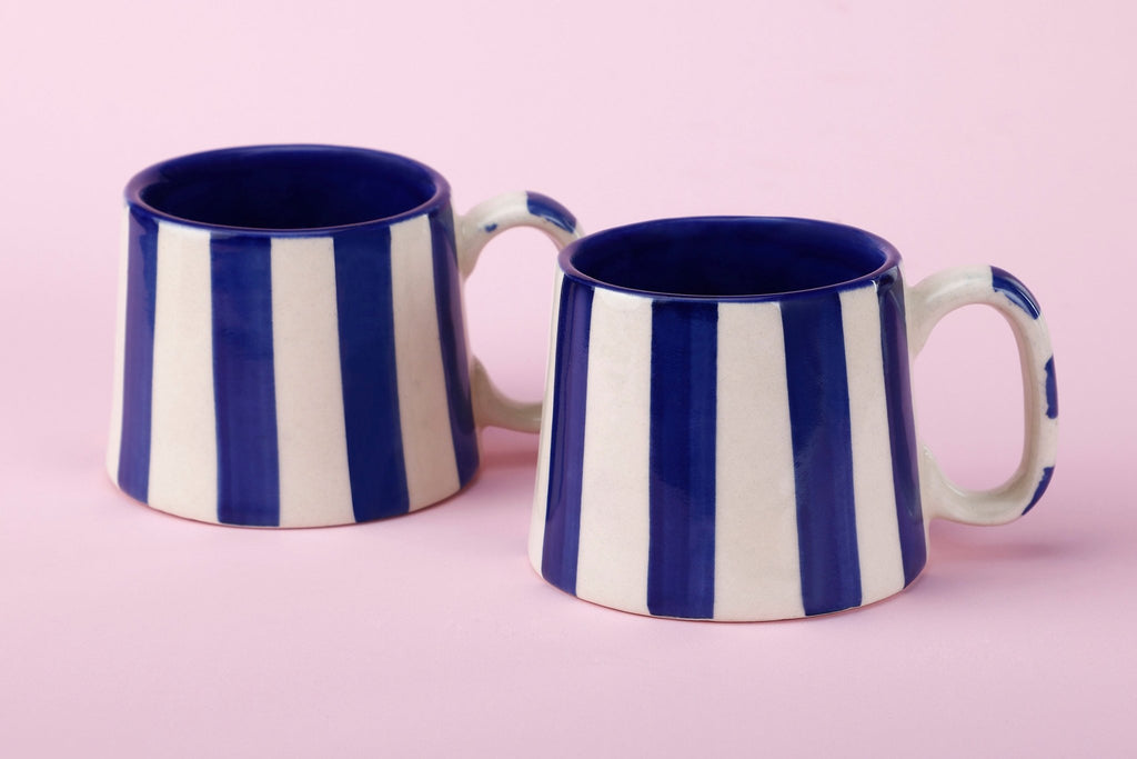 Ceramic Dark Blue Stripe Coffee cup - 3.5 x 2.5 Inches ( Set of 2 ) - Che Cose Belle