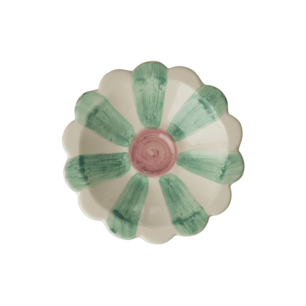 Ceramic Flower Dipping Bowl with Soft Green Hand Painted Stripes - Che Cose Belle