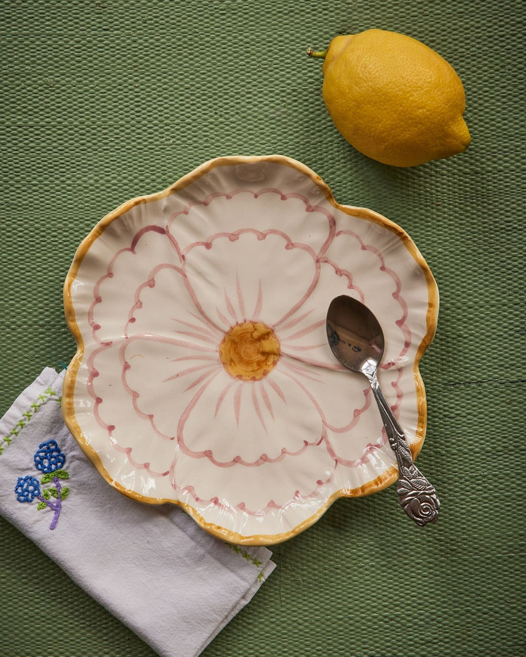 Ceramic Flower Shaped Side Plate with Yellow Border - Che Cose Belle