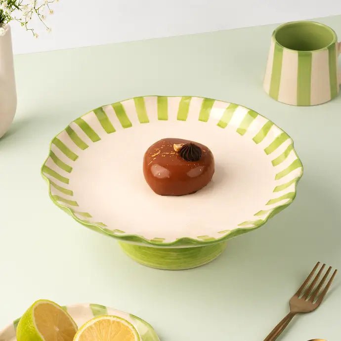 Ceramic Stripe Cake Stand, Green - 10 x 10 x 3.75 Inches - Che Cose Belle