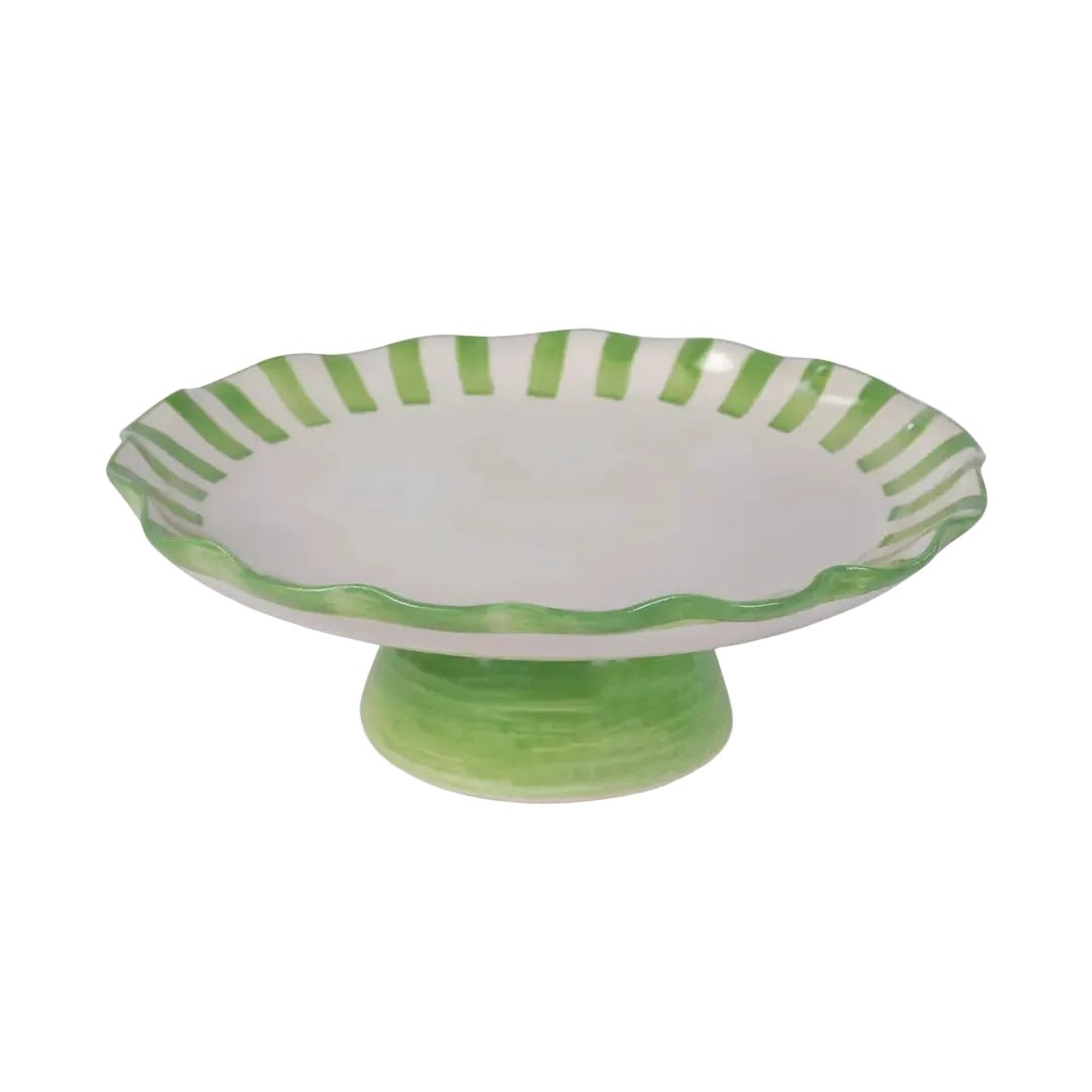 Ceramic Stripe Cake Stand, Green - 10 x 10 x 3.75 Inches - Che Cose Belle