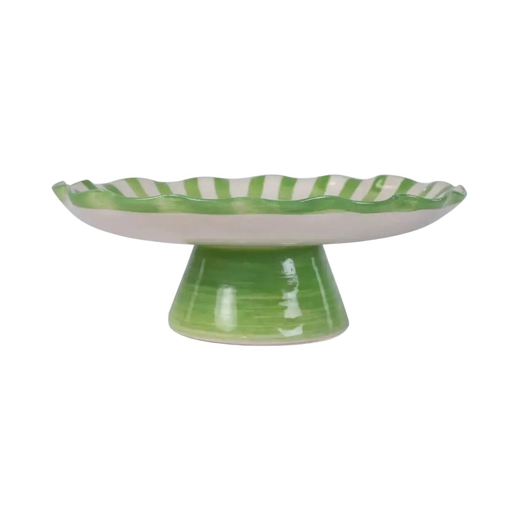 Ceramic Stripe Cake Stand, Green - 10 x 10 x 3.75 Inches - Che Cose Belle