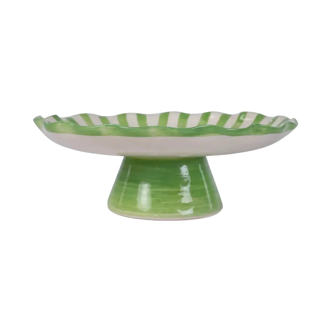 Ceramic Stripe Cake Stand, Green - 10 x 10 x 3.75 Inches - Che Cose Belle