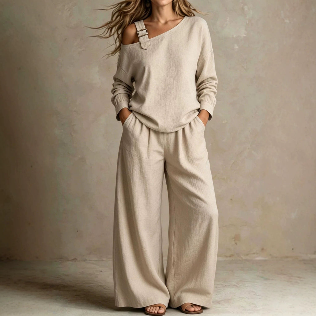 Women's One-Shoulder Buckle-Strap Long-Sleeve Linen Blend Top & Wide-Leg Palazzo Trouser Set