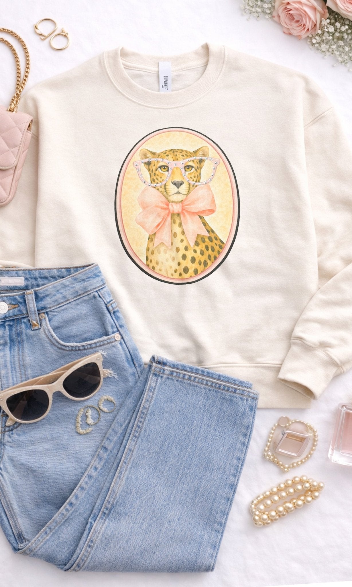 Cheetah with Rhinestone Specs Graphic Sweatshirt - Che Cose Belle