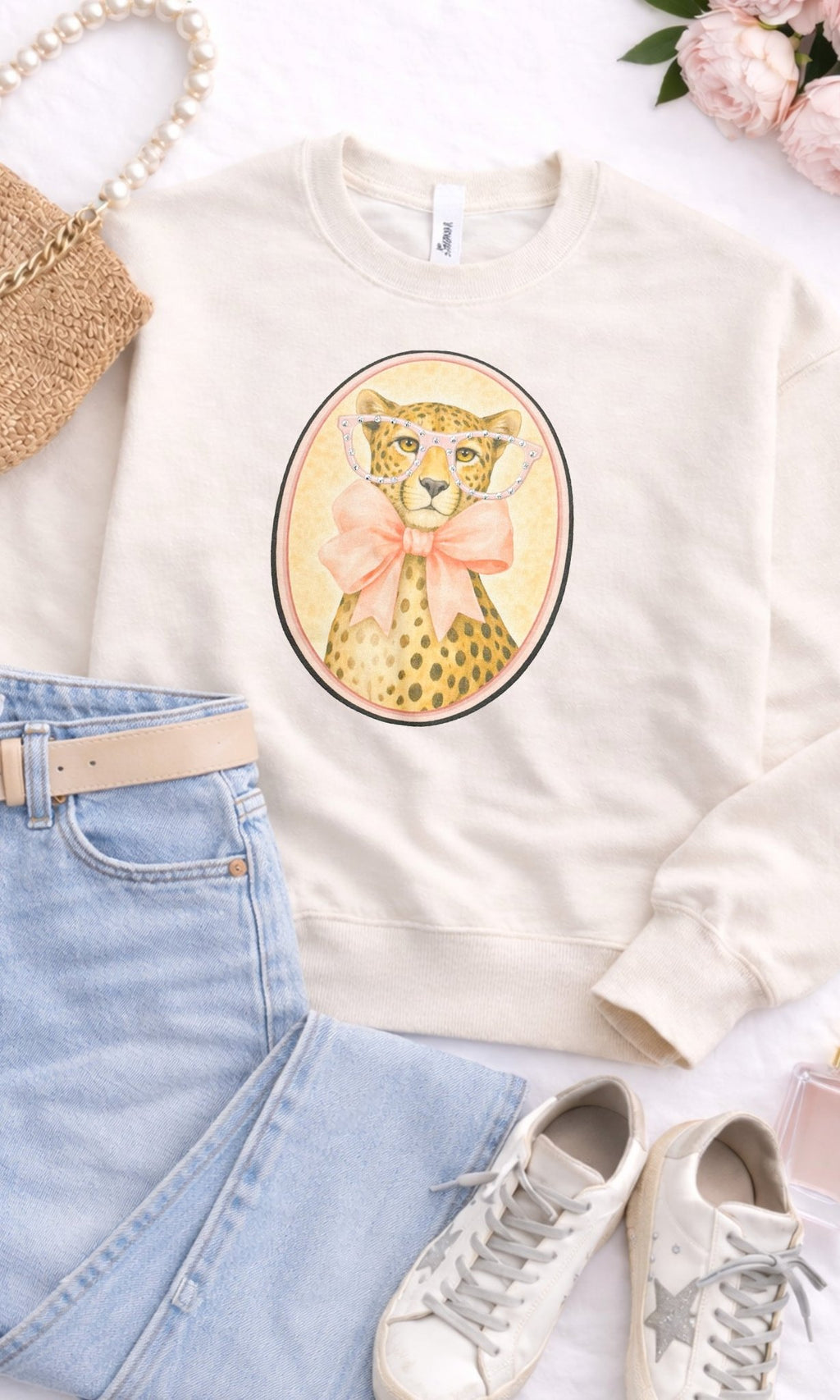 Cheetah with Rhinestone Specs Graphic Sweatshirt - Che Cose Belle