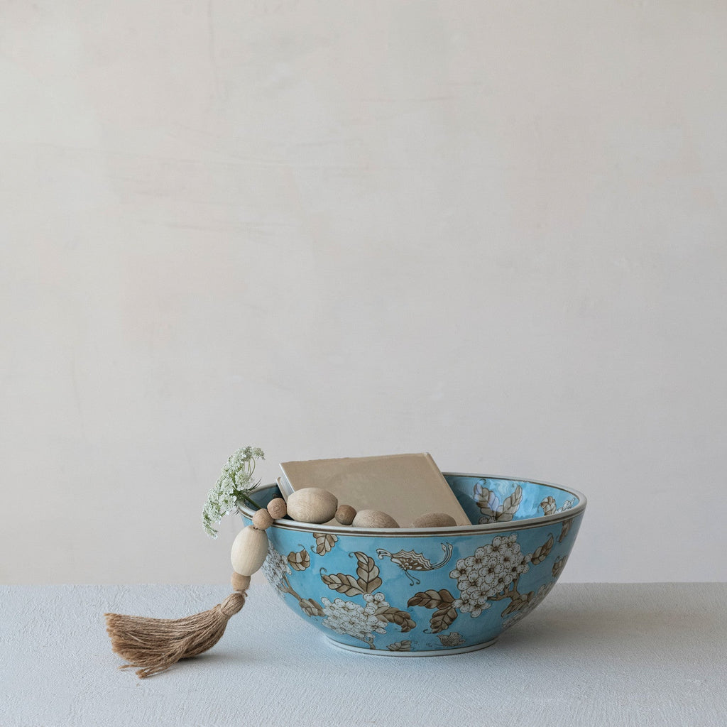 Cherry Blossom Hand-Painted Blue Ceramic Serving Bowl - Che Cose Belle