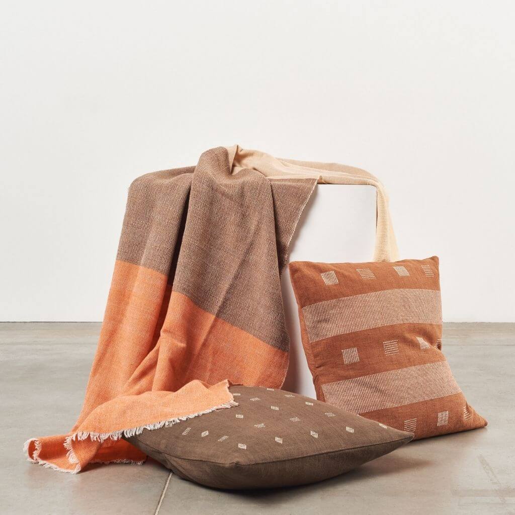 Chestnut Orange Cream Brown Color Block Handwoven Soft Merino Throw - Che Cose Belle
