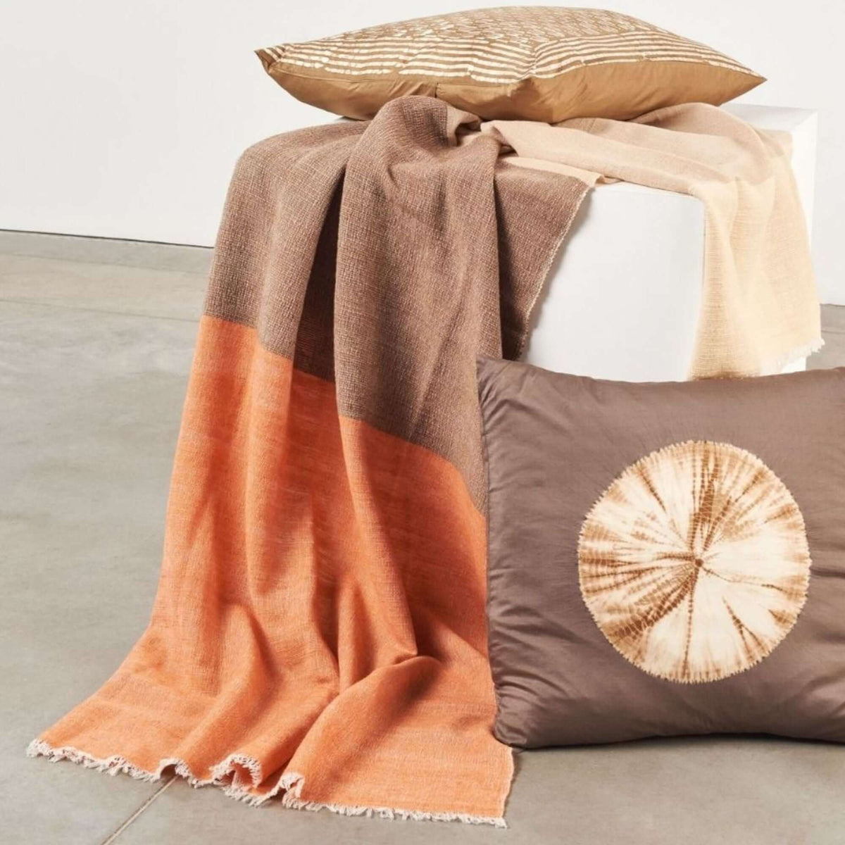 Chestnut Orange Cream Brown Color Block Handwoven Soft Merino Throw - Che Cose Belle