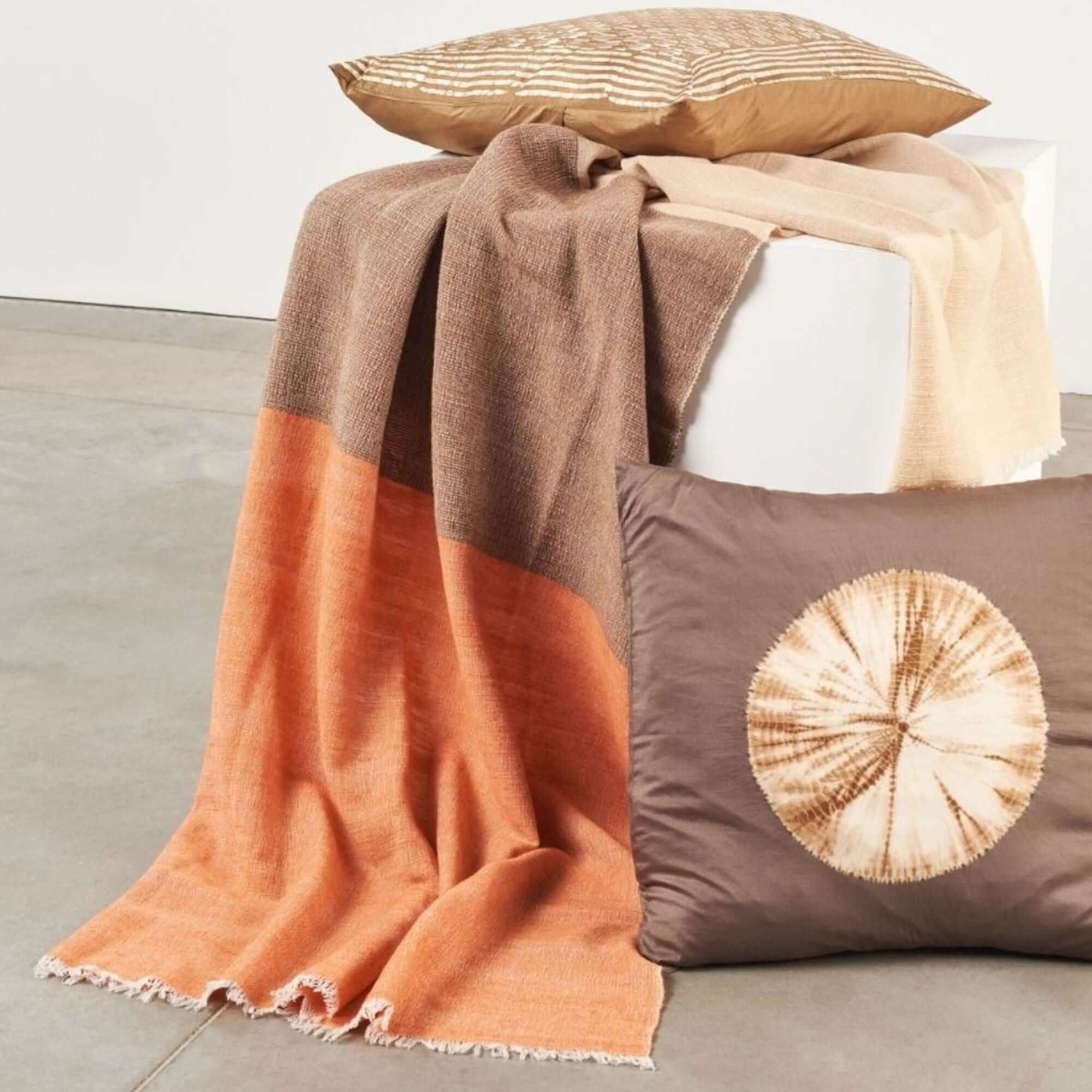 Chestnut Orange Cream Brown Color Block Handwoven Soft Merino Throw - Che Cose Belle