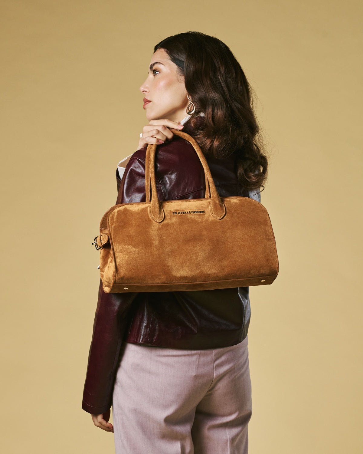 Chiara (cognac) - Italian calf suede women's handbag (with shoulder strap) - Che Cose Belle