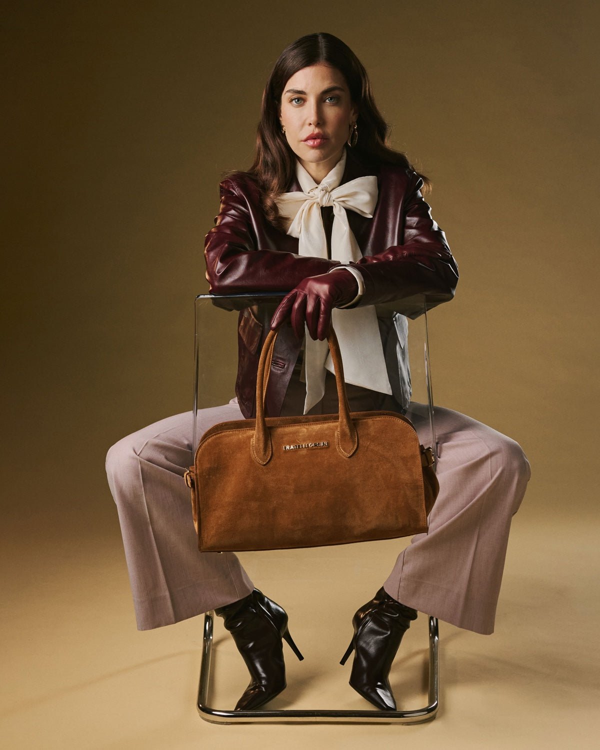 Chiara (cognac) - Italian calf suede women's handbag (with shoulder strap) - Che Cose Belle