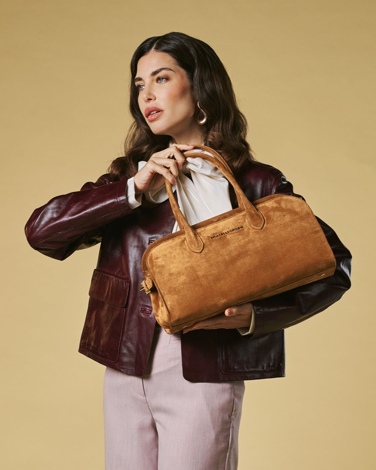 Chiara (cognac) - Italian calf suede women's handbag (with shoulder strap) - Che Cose Belle