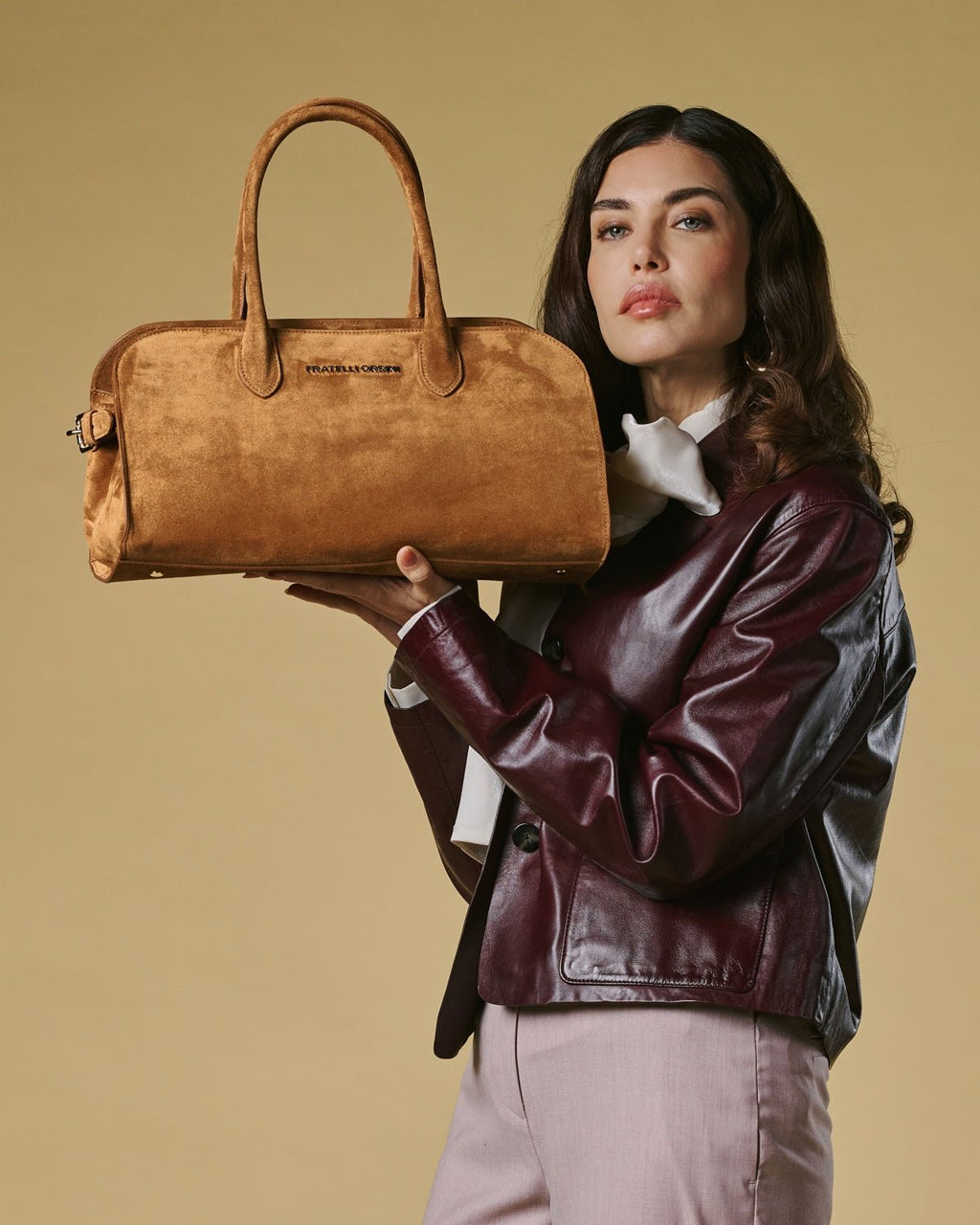 Chiara (cognac) - Italian calf suede women's handbag (with shoulder strap) - Che Cose Belle