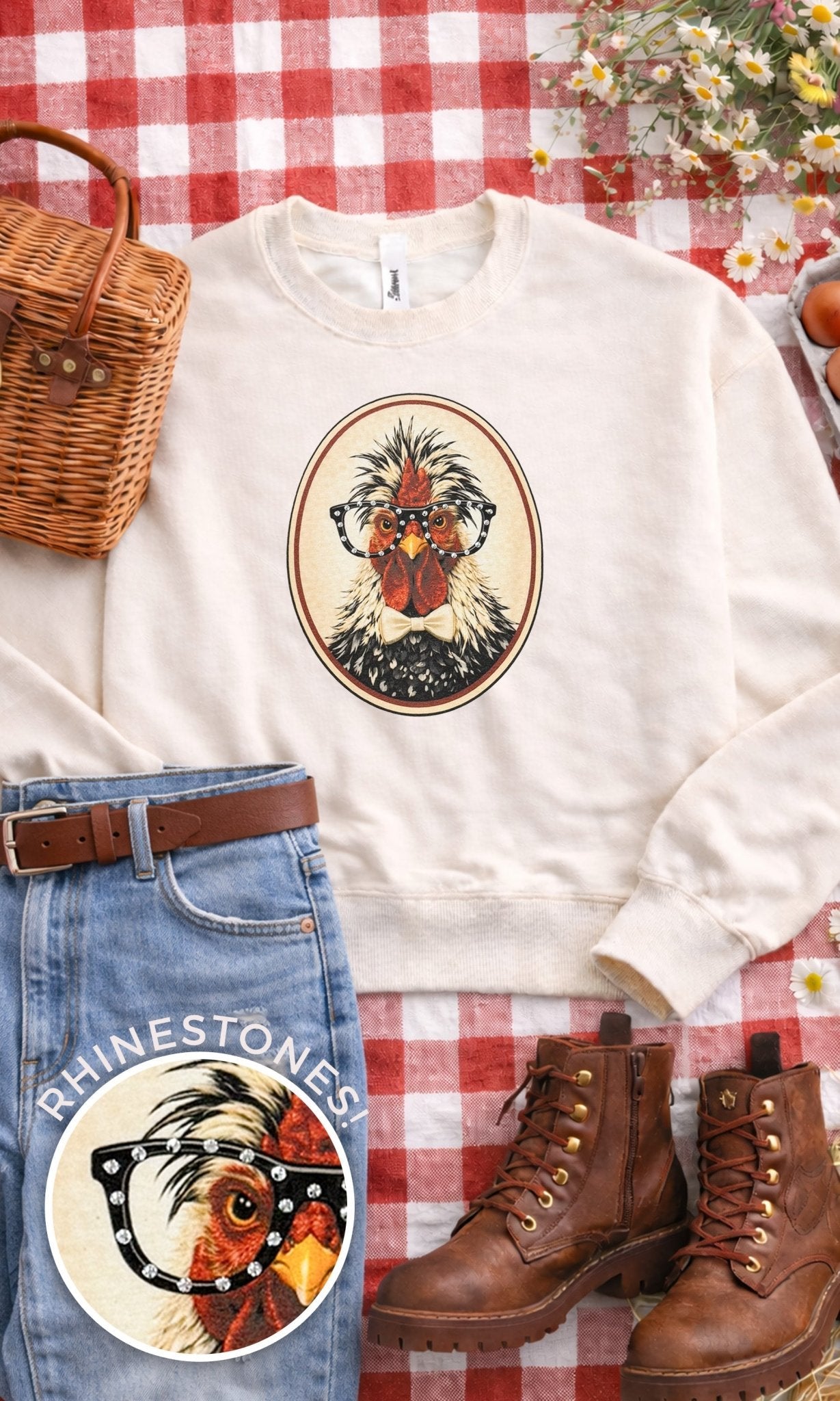 Chicken with Rhinestone Specs Graphic Sweatshirt - Che Cose Belle
