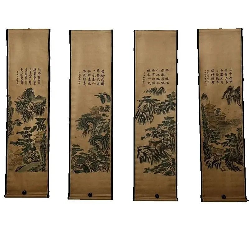 Chinese Ancient Paper Calligraphy Paintings Scrolls Famous Murals Wangyun Attic Pavilion Four Pairs of Artwork Decorations - Che Cose Belle