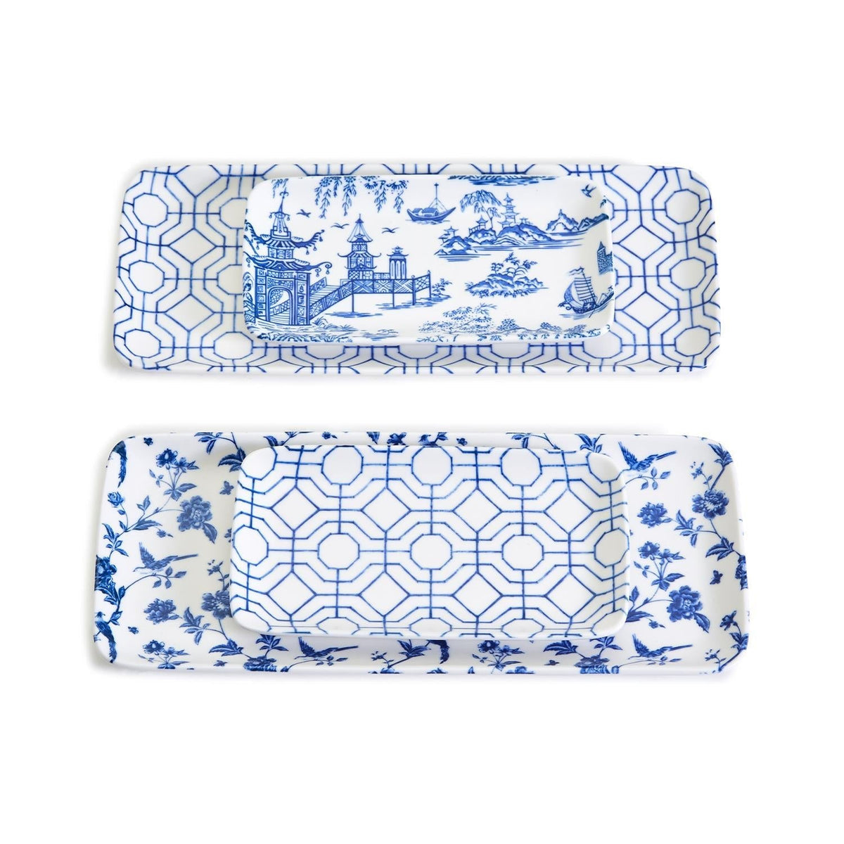 Chinoiserie Blue White Serving Tray Set 4pc Assorted Large and Small