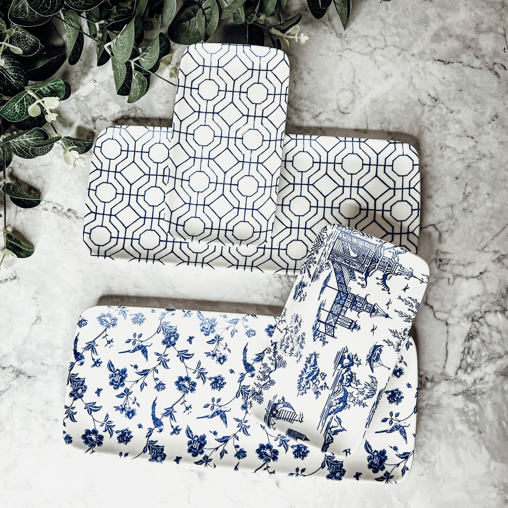 Chinoiserie Blue White Serving Tray Set 4pc Assorted Large and Small