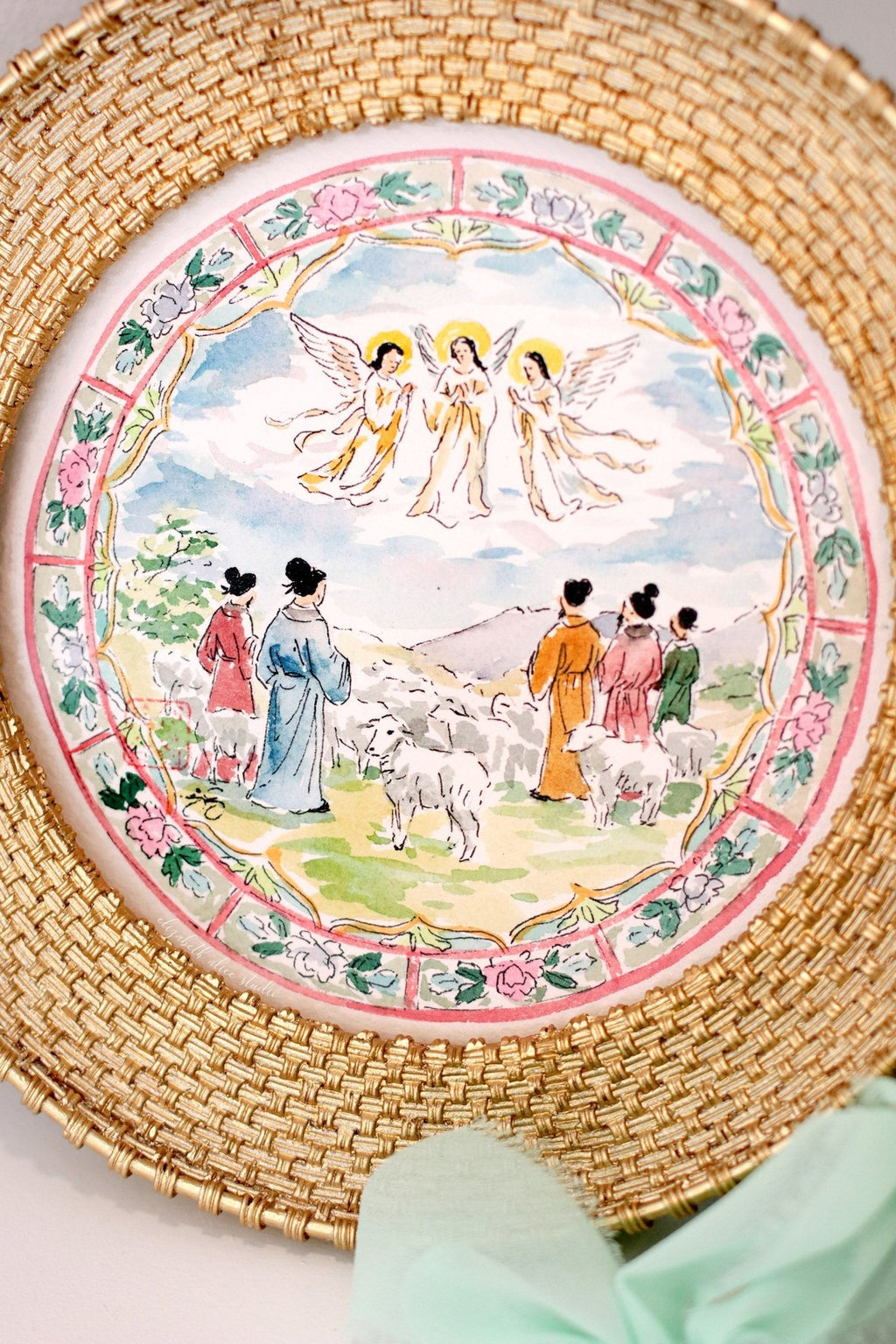 Chinoiserie Christmas original watercolor painting, The Angels appearing to the shepherds - Che Cose Belle