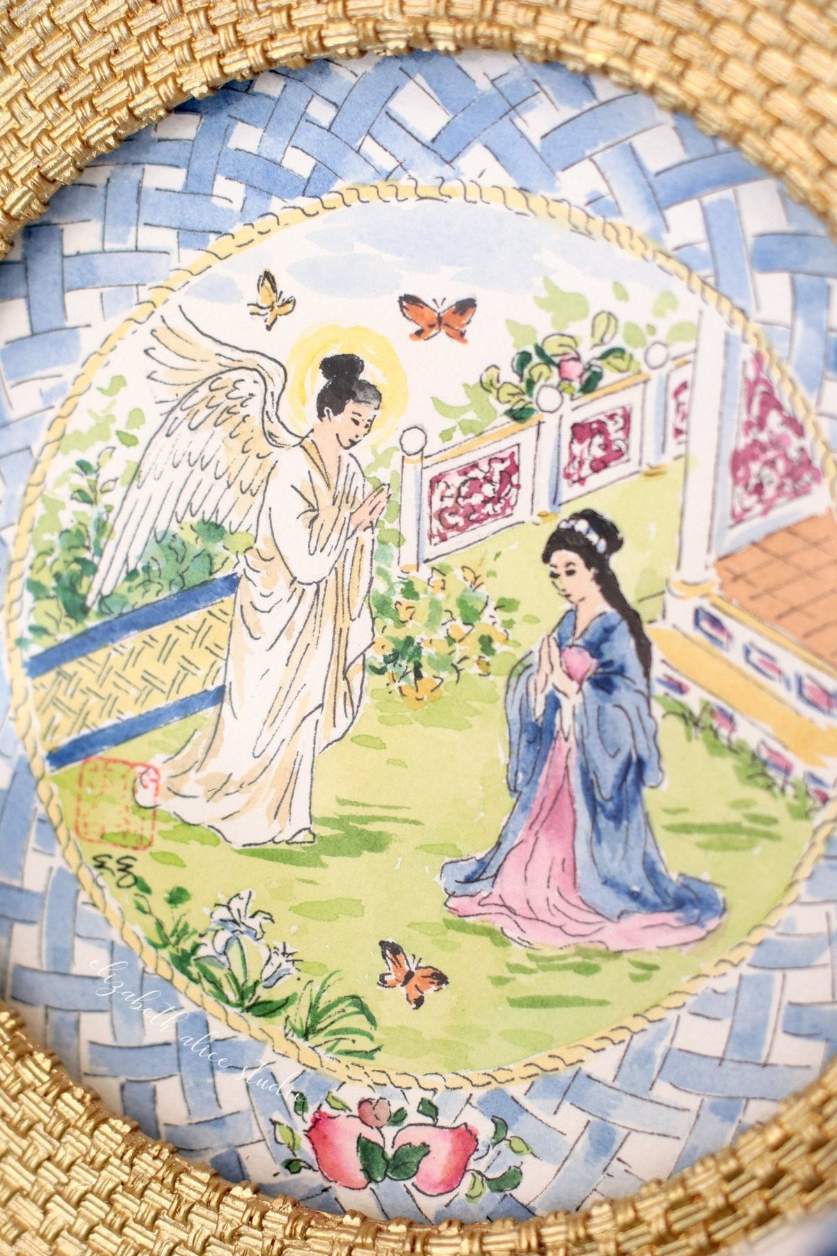 Chinoiserie Christmas original watercolor painting, The Annunciation - Che Cose Belle