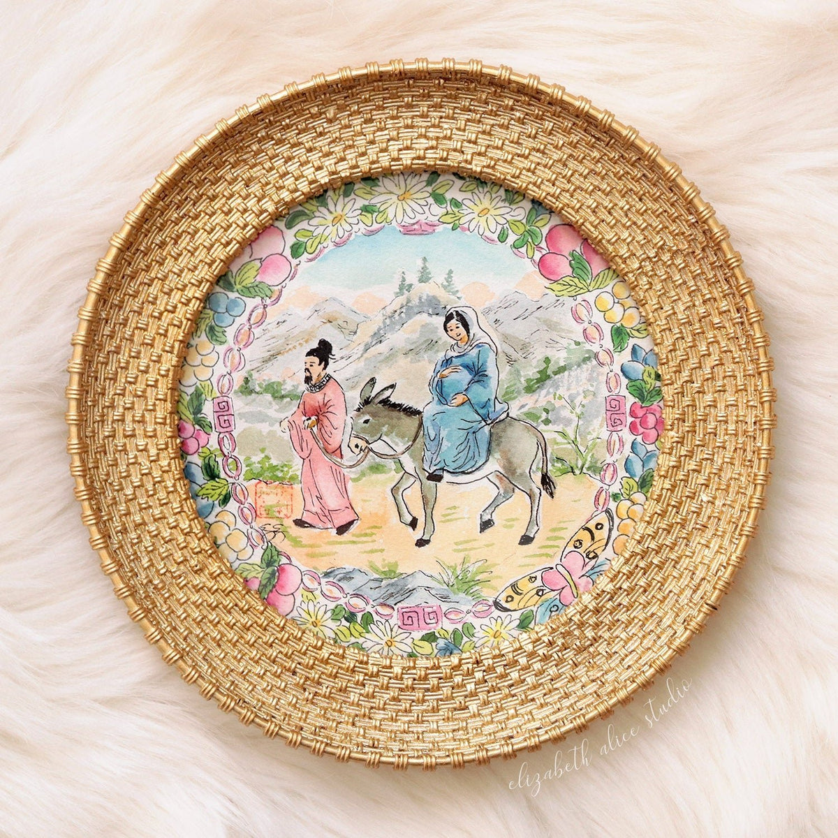 Chinoiserie Christmas original watercolor painting, The Journey to Bethlehem - Che Cose Belle