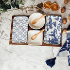 Chinoiserie Tapas Serving Set 7-Piece Porcelain Matte Blue White Acacia Tray