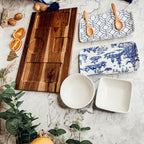 Chinoiserie Tapas Serving Set 7-Piece Porcelain Matte Blue White Acacia Tray