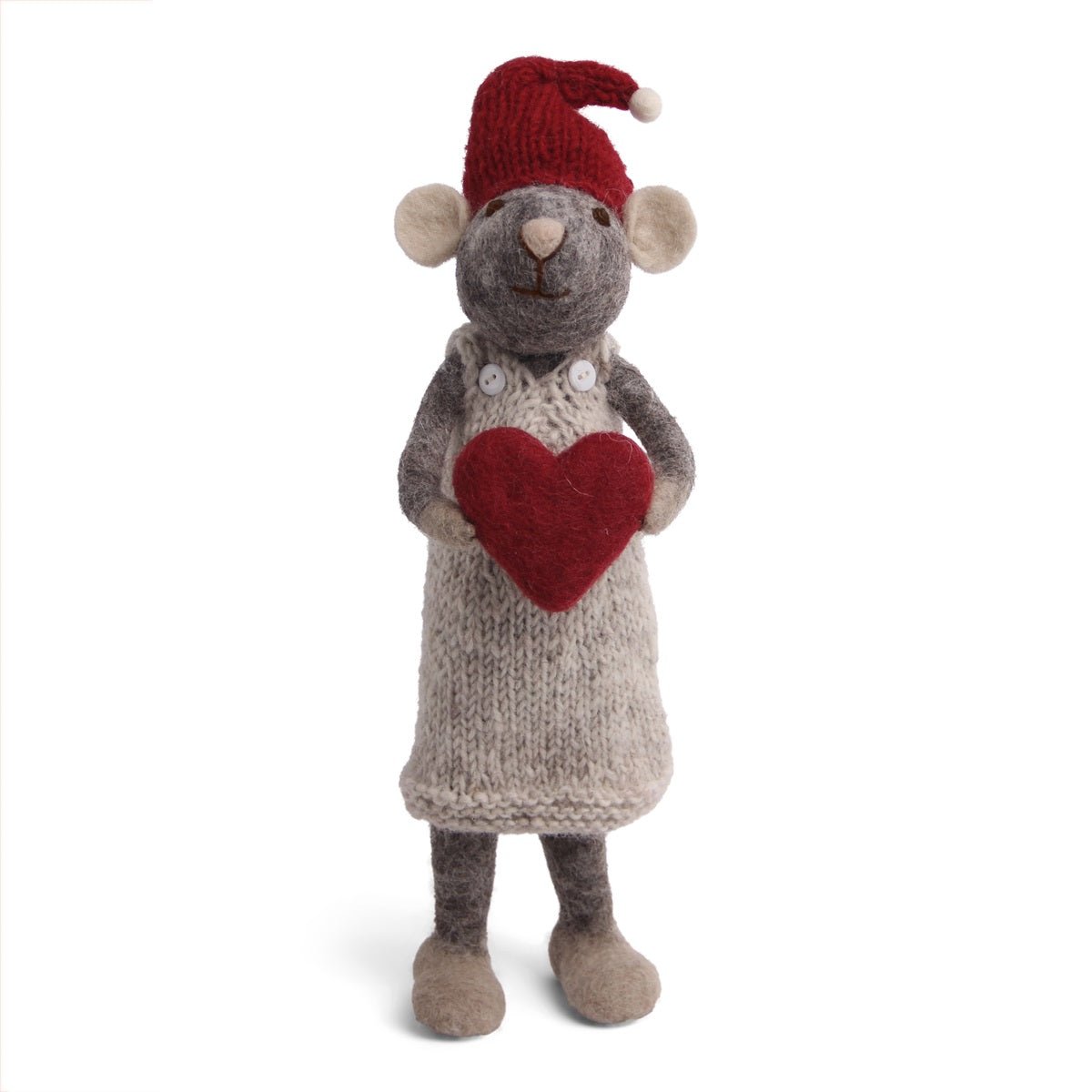 Christmas Figurine - Winter Mouse Girl (Large) with Heart (Grey) - Che Cose Belle