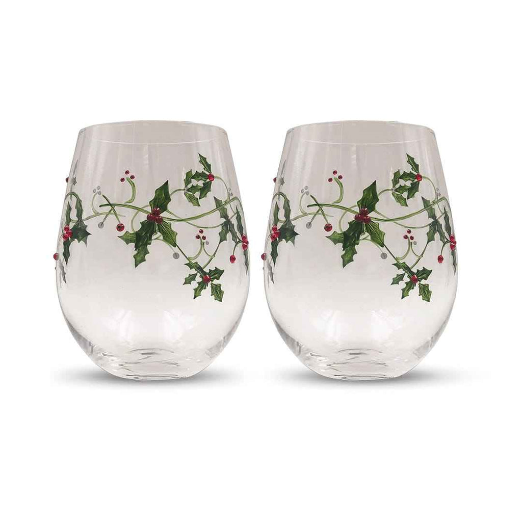 Christmas Holly Stemless Wine Glasses - Che Cose Belle