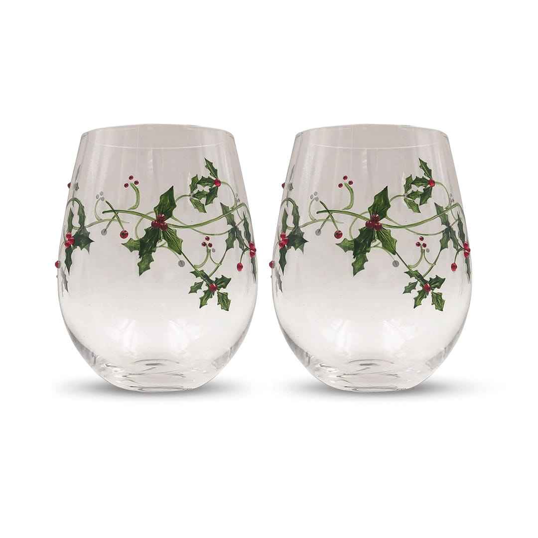Christmas Holly Stemless Wine Glasses - Che Cose Belle