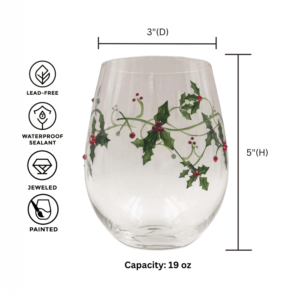 Christmas Holly Stemless Wine Glasses - Che Cose Belle