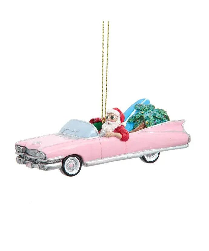 Christmas Ornament - Santa in Pink Cadillac Coastal Holiday Decor 4.13" Resin - Che Cose Belle