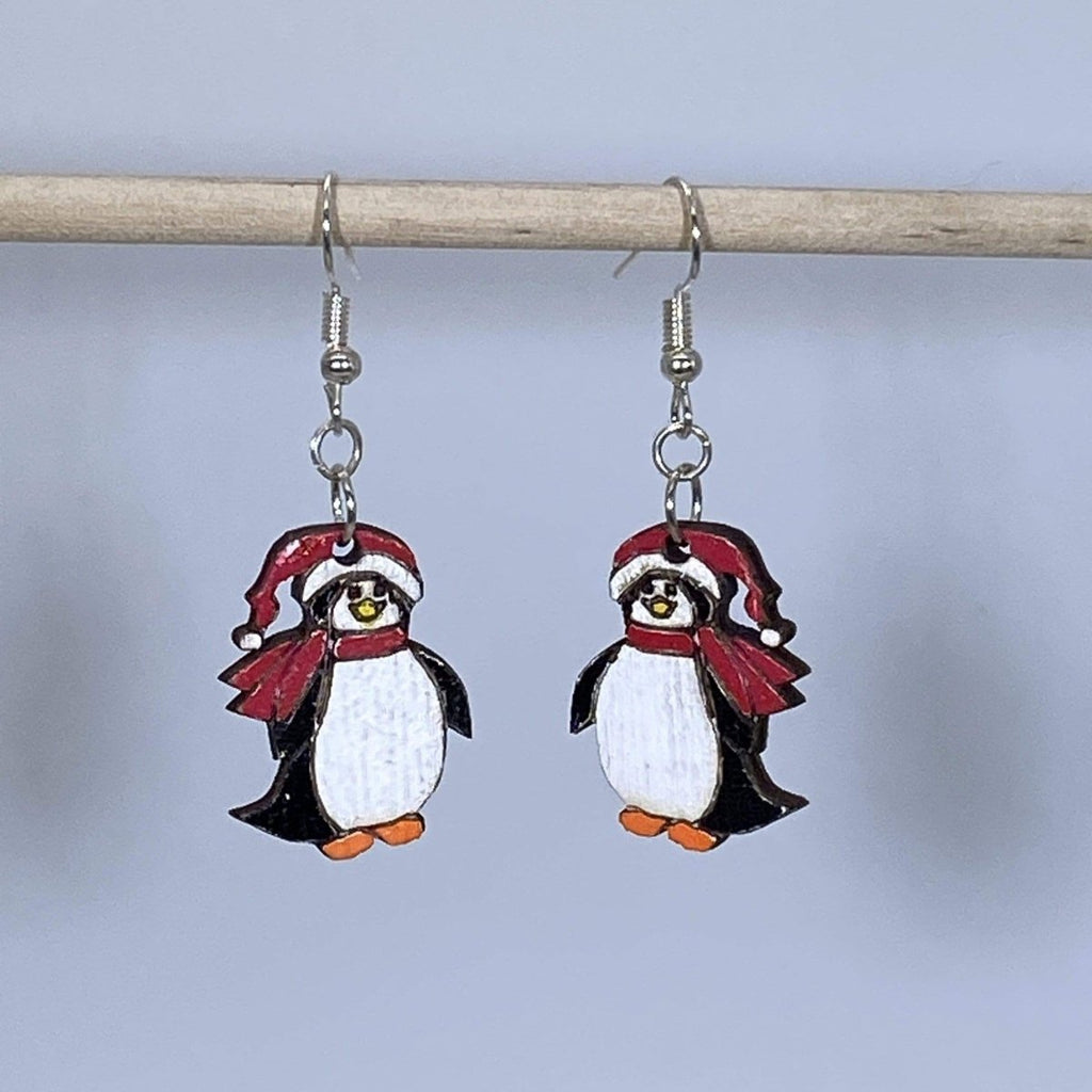 Christmas Penguin Wooden Dangle Earrings | Holiday Animal Jewelry