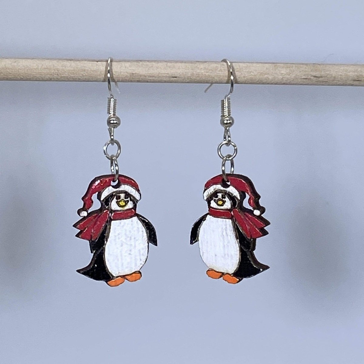 Christmas Penguin Wooden Dangle Earrings | Holiday Animal Jewelry
