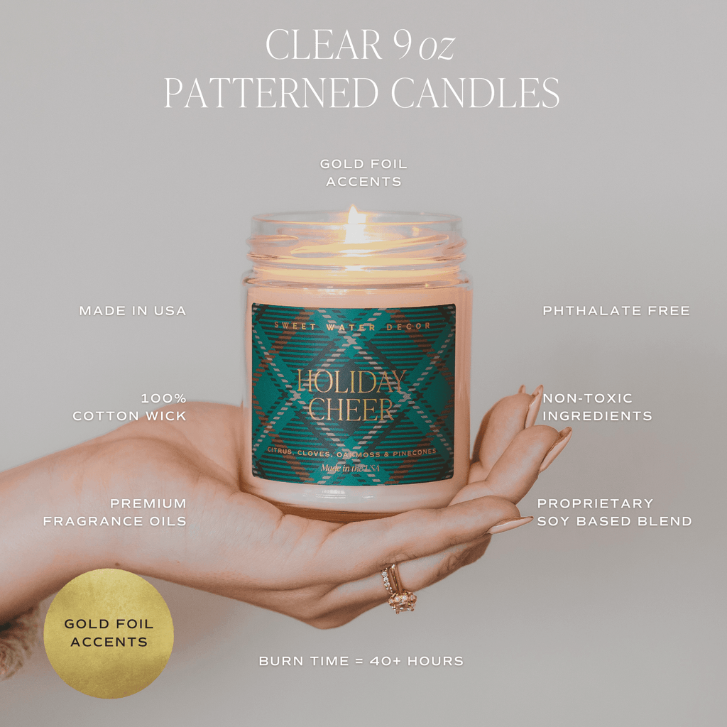 Christmas Tree Soy Candle - Patterned Clear Jar - 9 oz - Che Cose Belle