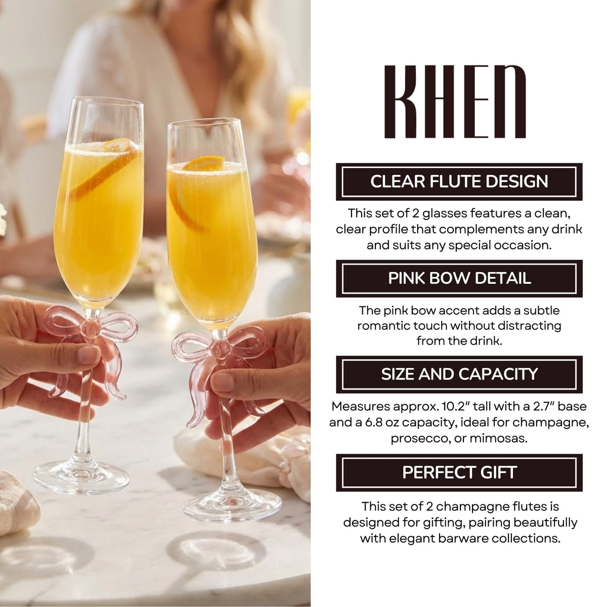 Clear Champagne Glass with Pink Bow on Stem, Set of 2 - Che Cose Belle