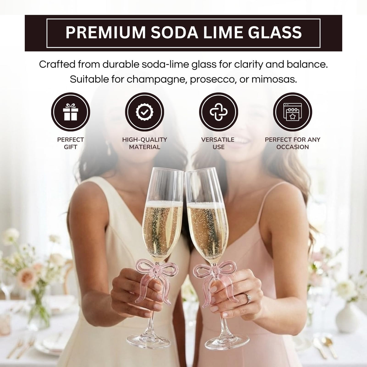 Clear Champagne Glass with Pink Bow on Stem, Set of 2 - Che Cose Belle