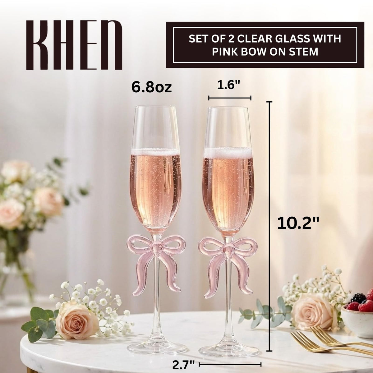 Clear Champagne Glass with Pink Bow on Stem, Set of 2 - Che Cose Belle