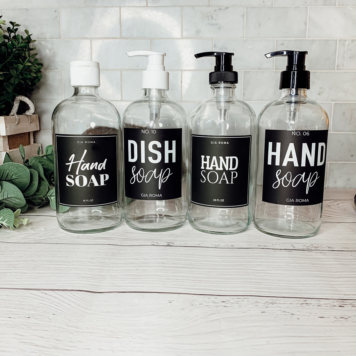 16oz Clear Glass Soap Bottle Refillable Boston Round With Black Label