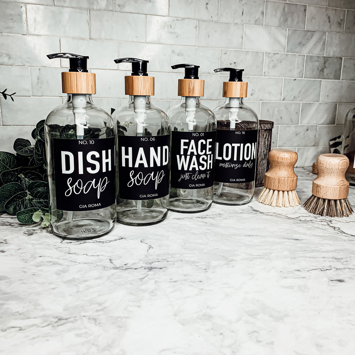 16oz Clear Glass Soap Bottle Refillable Boston Round With Black Label