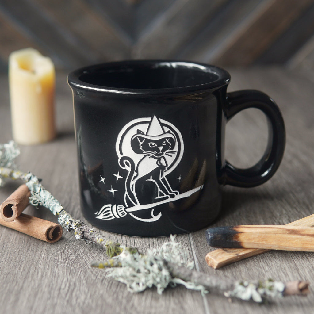 Witch Cat Halloween Camp Mug - made in USA ceramic