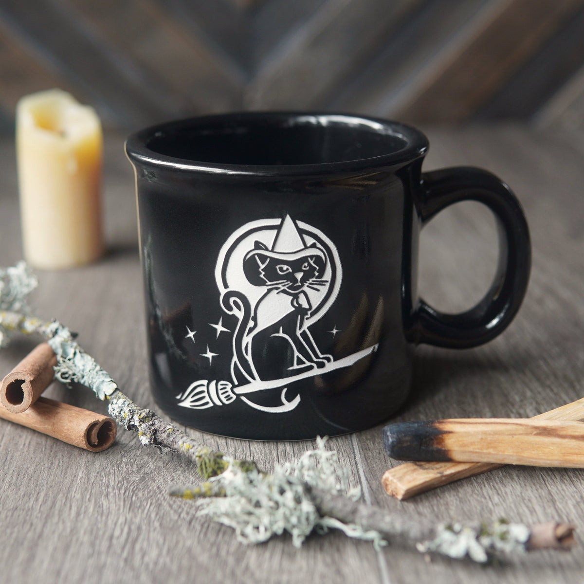 Witch Cat Halloween Camp Mug - made in USA ceramic