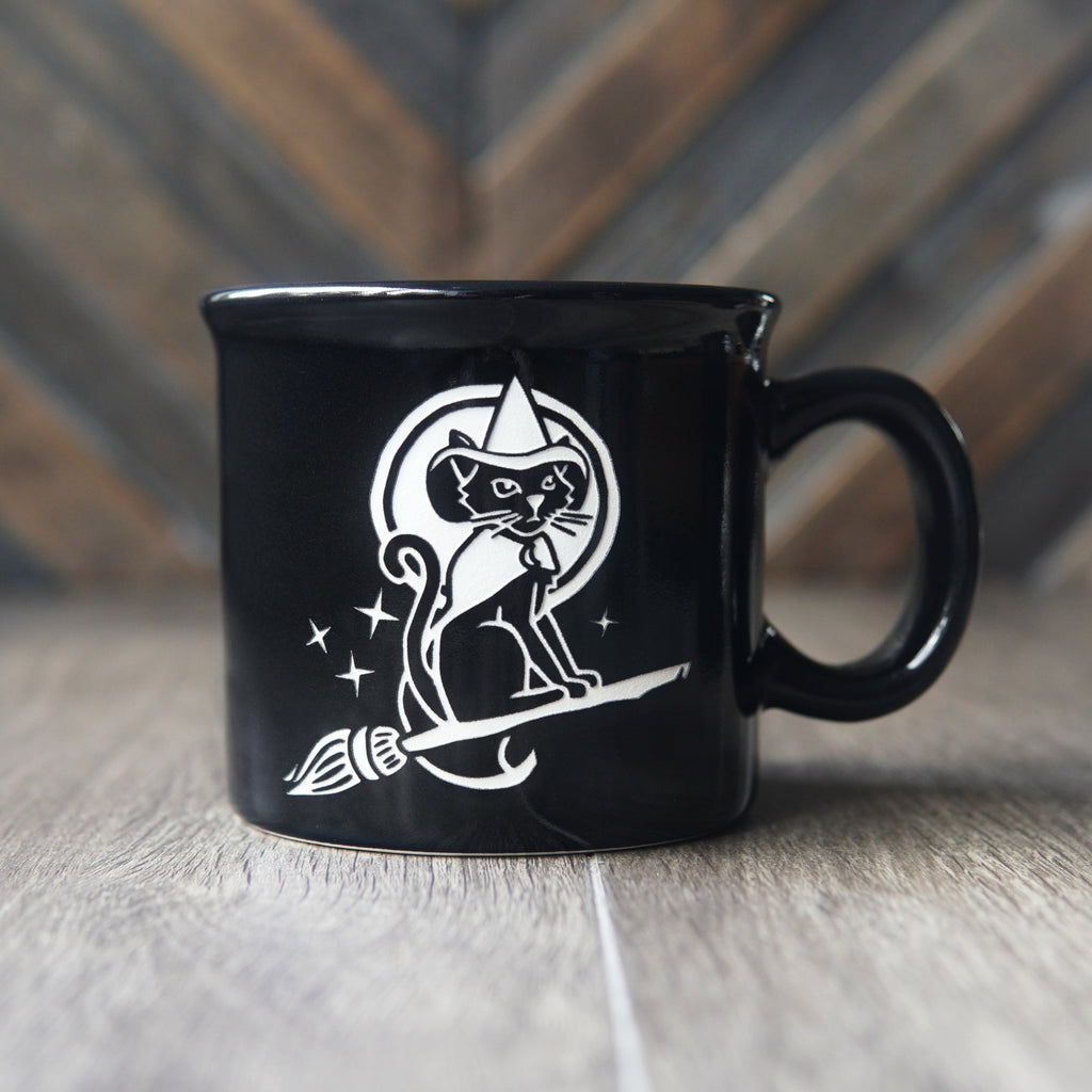 Witch Cat Halloween Camp Mug - made in USA ceramic