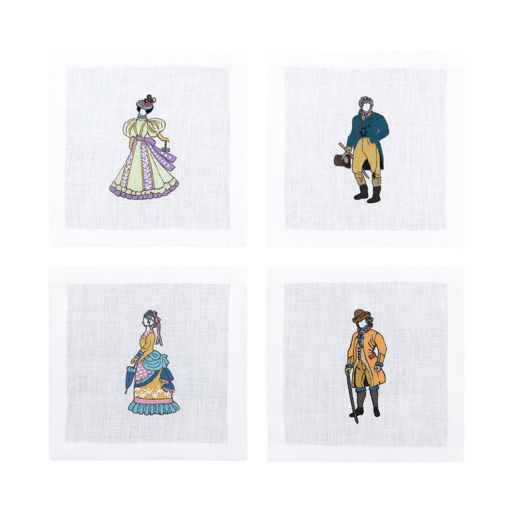 Hand Embroidered Ladies and Gentlemen Cocktail Napkins 6" x 6" (Set of 4)