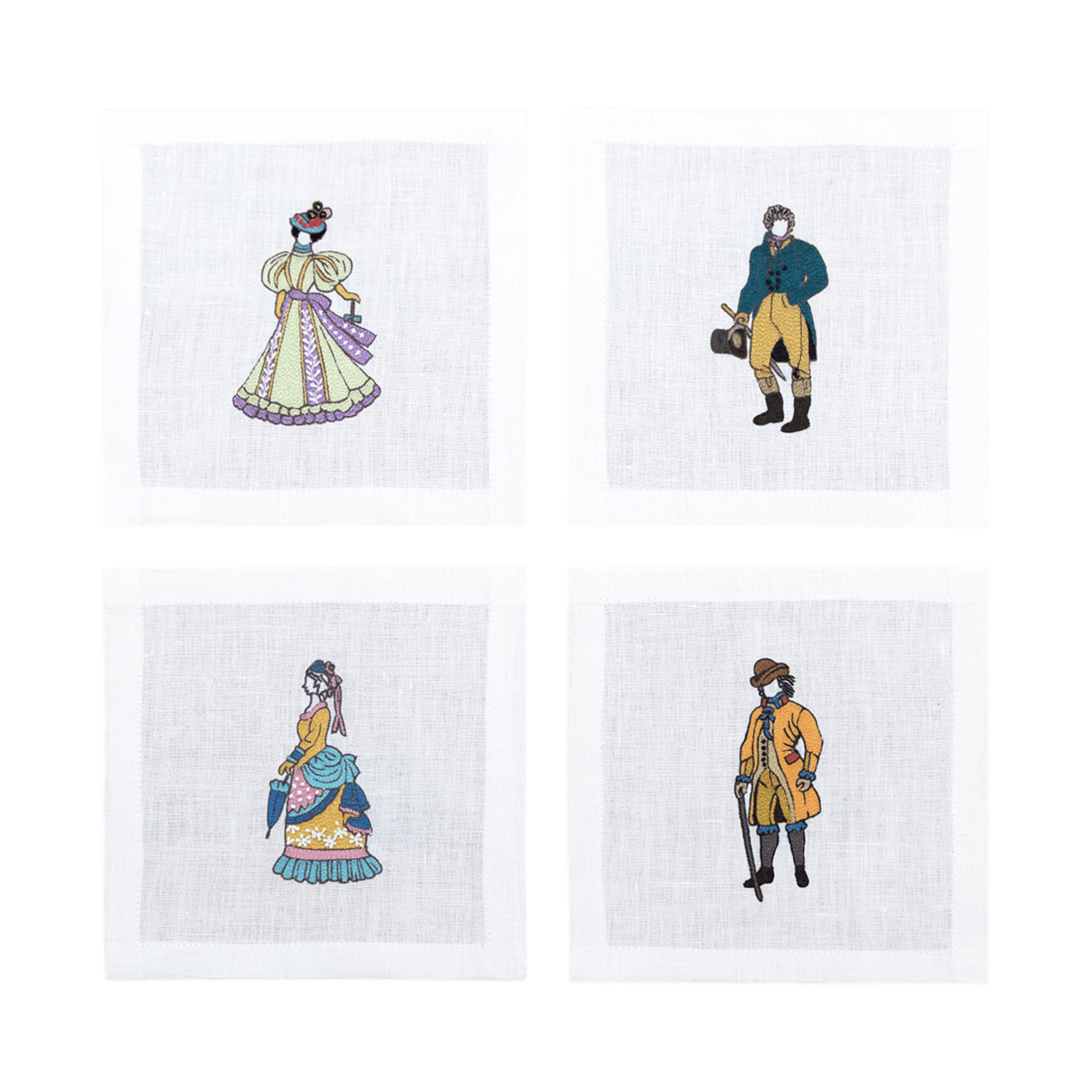Hand Embroidered Ladies and Gentlemen Cocktail Napkins 6" x 6" (Set of 4)