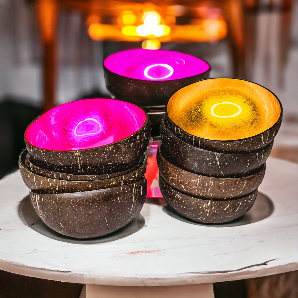 Coconut Rainbow Bowls Handcrafted Gold Leaf Polished Lacquered Eco Serve Bowls