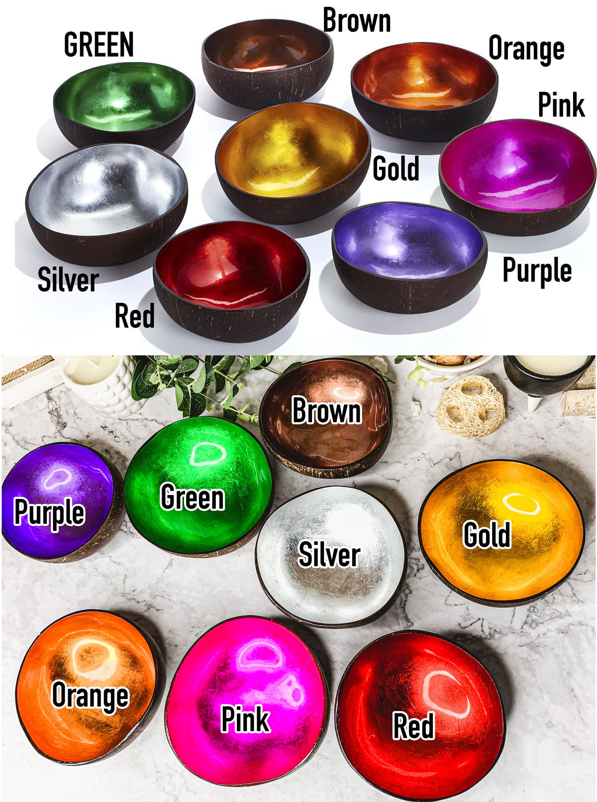 Coconut Rainbow Bowls Handcrafted Gold Leaf Polished Lacquered Eco Serve Bowls