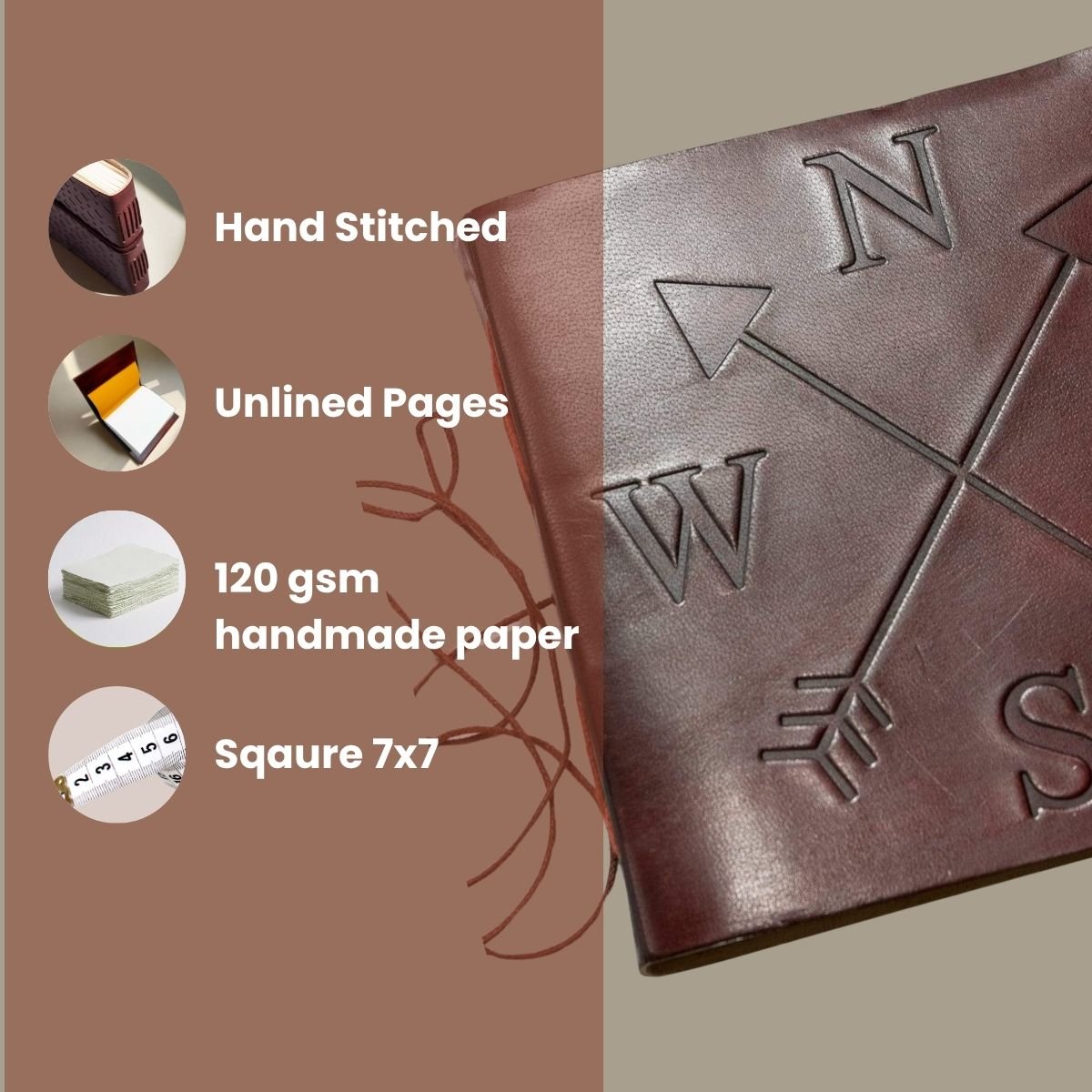 Compass 7x7 Artist Handmade Leather Journal - Che Cose Belle